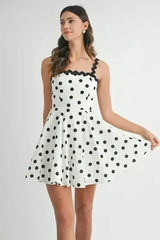Polka Dot Mini Dress – Ricrac Trim Strap & Smocked Back - Femstylo