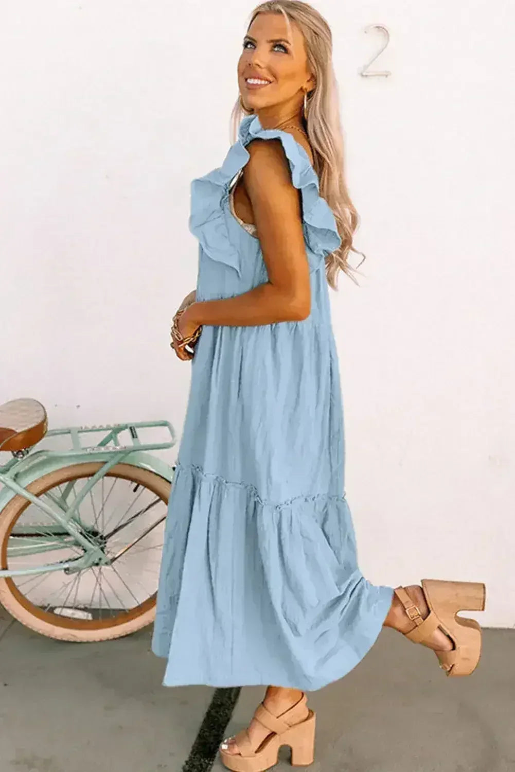 Purple Ruffled Flutter Sleeve Square Neck Textured Tiered Maxi Dress - Femstylo