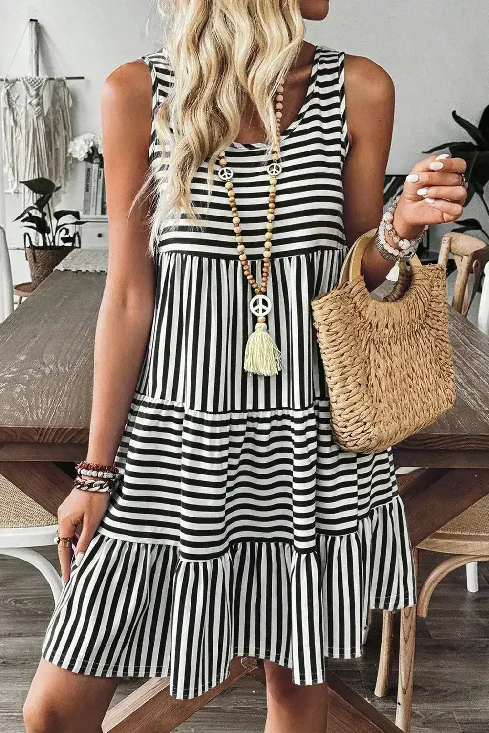 Black Stripe U Neck Sleeveless Loose Fit Mini Dress - Femstylo