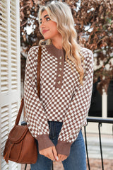 Dark Brown Plaid Contrast Trim Button Neck Sweater - Femstylo
