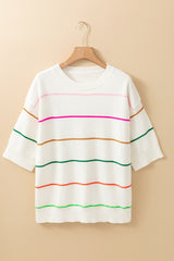 White Striped Half Sleeve Drop Shoulder Sweater - Femstylo