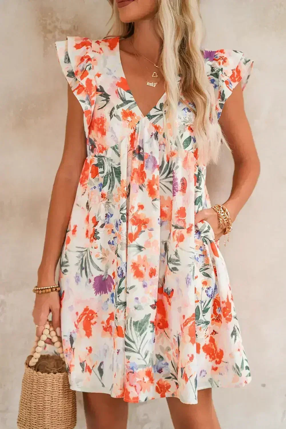 Pink Floral Ruffle Sleeve V Neck High Waist Mini Dress - Femstylo