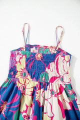 Purple Floral Print Shirred Spaghetti Strap Loose Maxi Dress - Femstylo