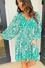 Green Bohemian Print Puff Sleeve Tied V Neck Flared Mini Dress - Femstylo