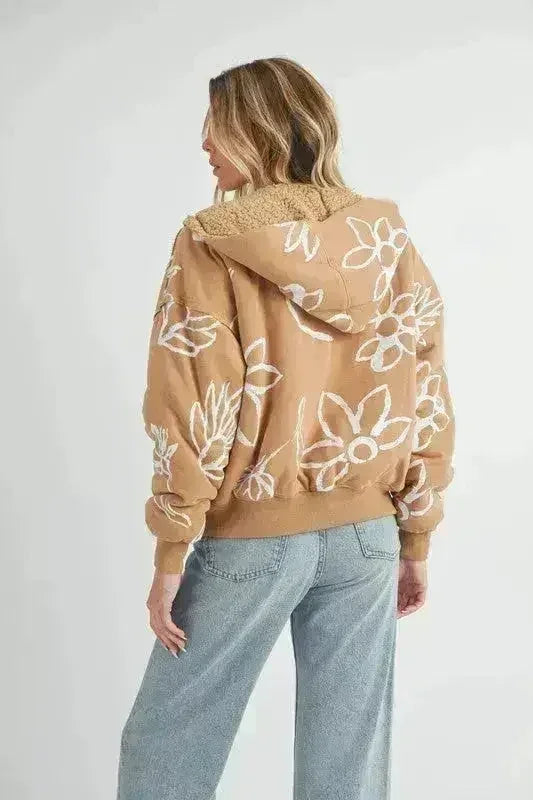 Floral Sherpa Hoodie - Zip-Up Fleece Jacket with Pockets - Femstylo