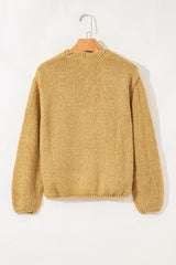 Light French Beige Lantern Sleeve Scallop V Neck Buttoned Front Cardigan