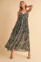 Aemi + Co Printed V-Neck Frill Tiered Cami Dress - Femstylo