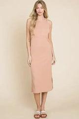 BOMBOM Ribbed Knit Sleeveless Midi Dress - Femstylo