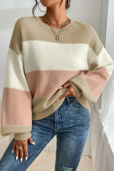 Dusty Pink Color Block Lantern Sleeve Drop Shoulder Sweater - Femstylo