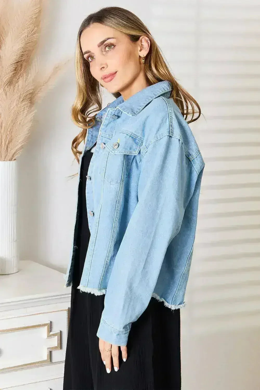 Raw Hem Denim Jacket - Dropped Shoulder Design | Femstylo - Femstylo