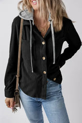 Black Hooded Drawstring Pockets Corduroy Shacket - Femstylo