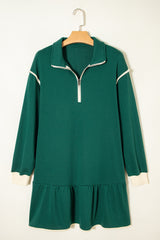 Evergreen Contrast Trim Zip Collar Long Sleeve Ruffle Hem Mini Dress