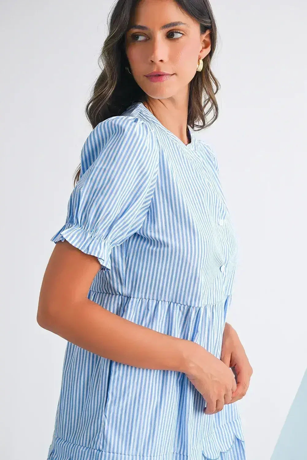 Sky Blue Stripe Bubble Sleeve Scallop Tiered Dress - Femstylo