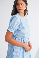 Sky Blue Stripe Bubble Sleeve Scallop Tiered Dress - Femstylo