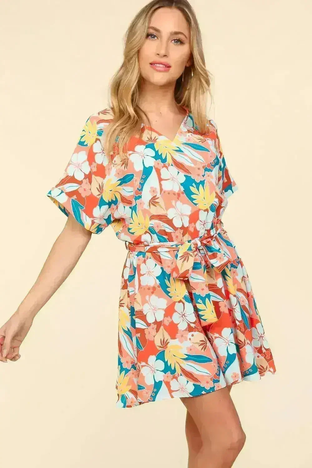Tropical Floral Romper | Tied Waist Summer Jumpsuit | Femstylo - Femstylo