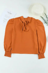 Orange Chiffon Blouse - Bubble Sleeves & Mock Neck | Femstylo - Femstylo