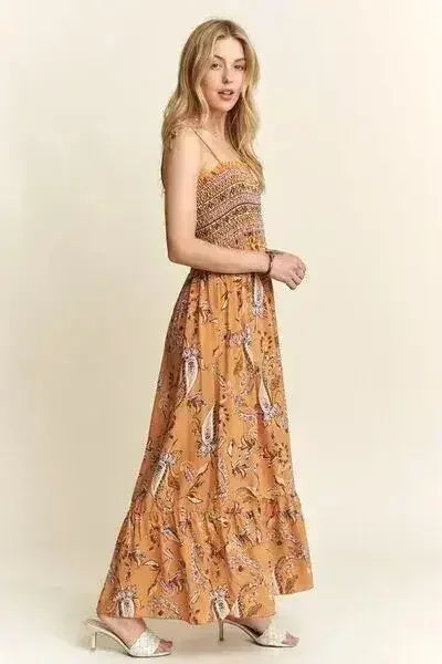 ADORA Smocked Printed Square Neck Tie Shoulder Cami Dress - Femstylo