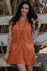 Gold Flame Corduroy Embroidered Patch Pocket Sleeveless Mini Dress