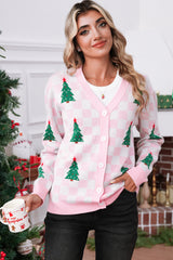 Pink Checkered Christmas Tree Pattern Button V Neck Knit Cardigan