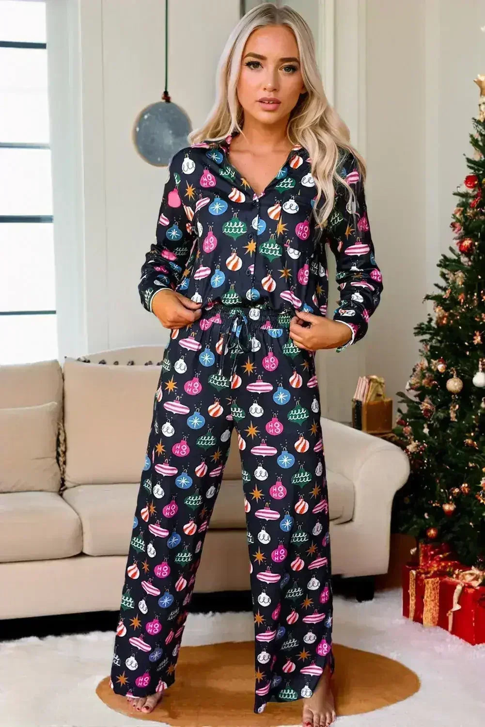 Navy Blue Colorful Christmas Lights Print Shirt and Pants Pajama Set - Femstylo