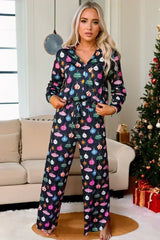 Navy Blue Colorful Christmas Lights Print Shirt and Pants Pajama Set - Femstylo