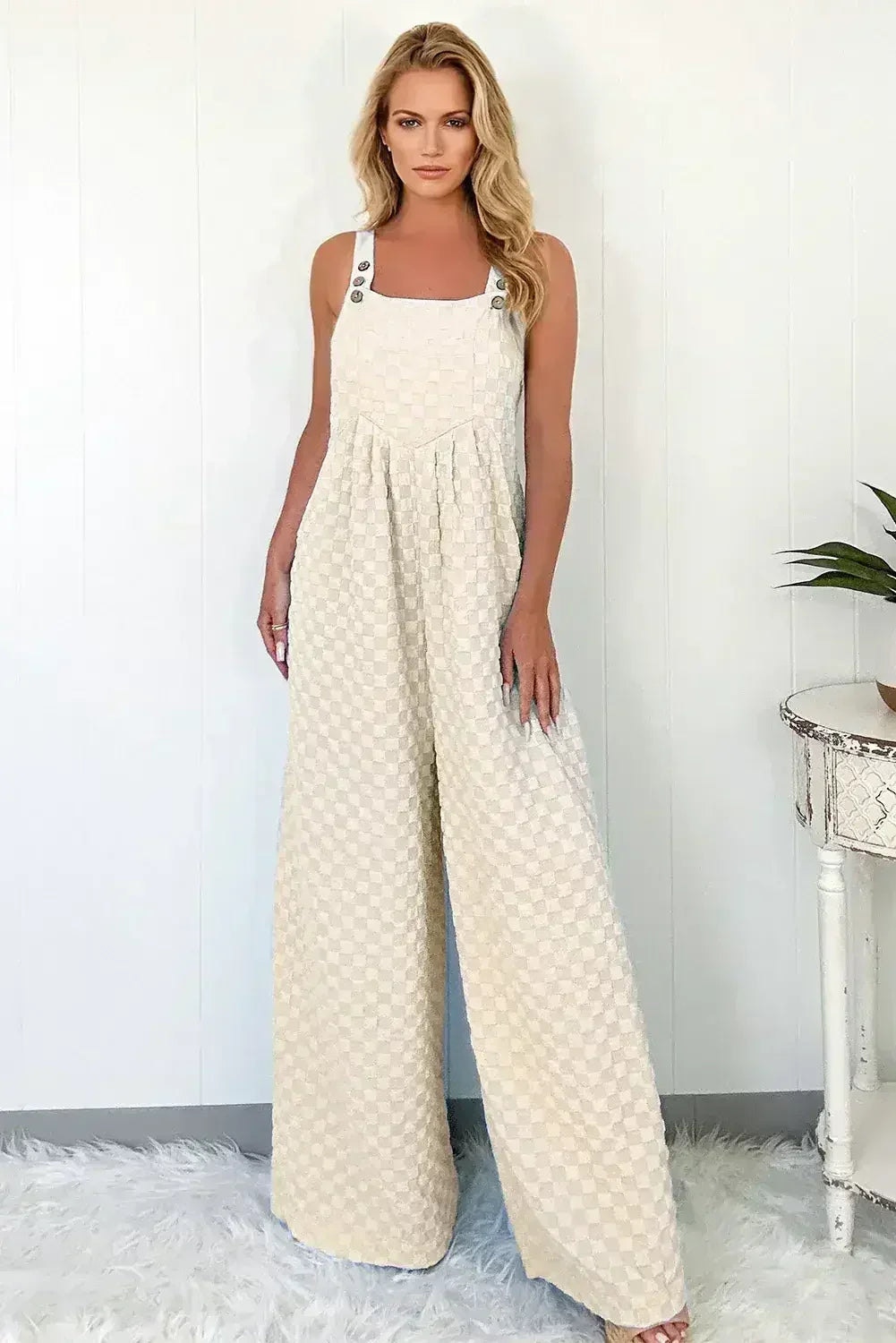 Beige Checkered Pocket High Waist Wide Leg Overall - Femstylo