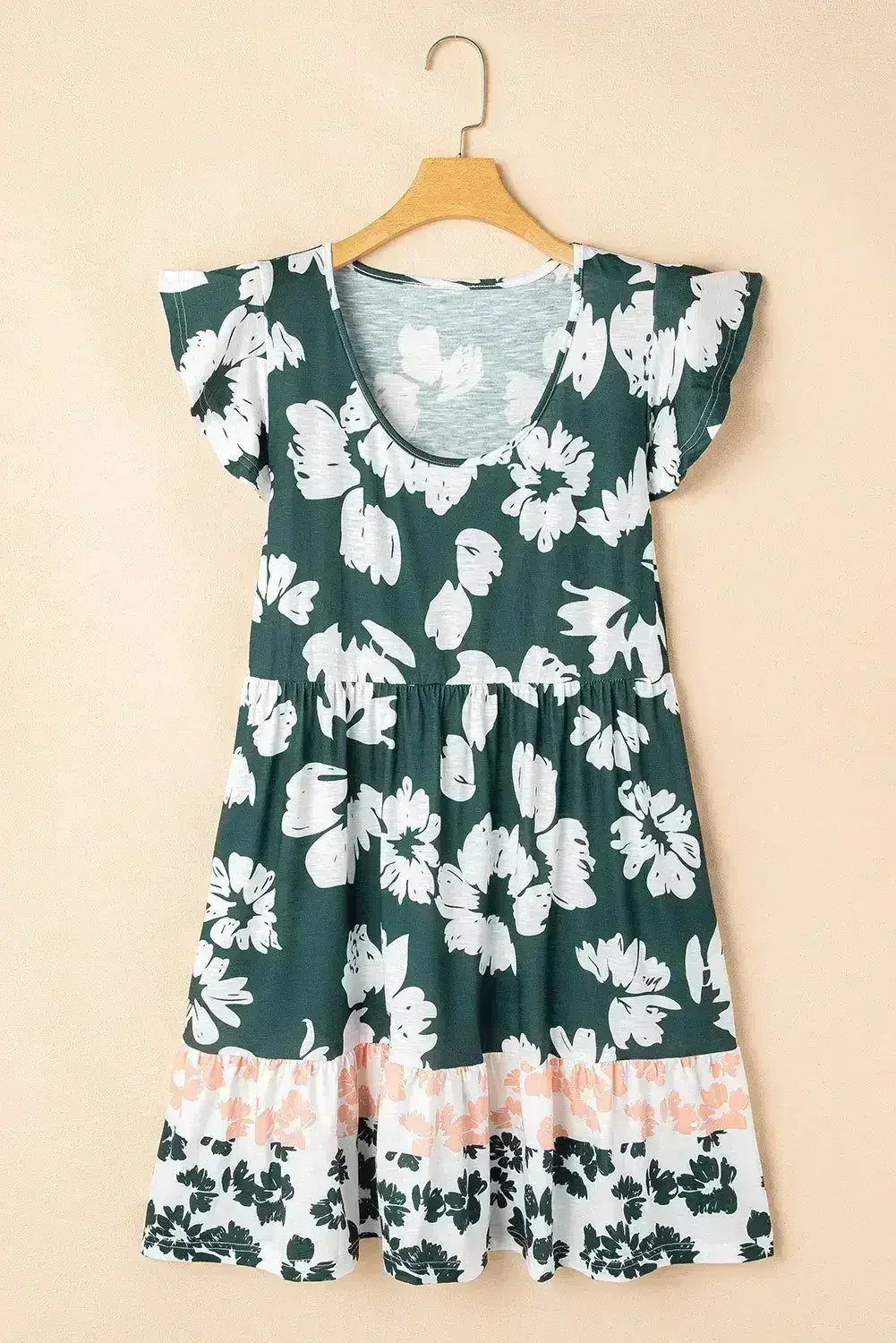 Dark Green Floral Print Ruffle Sleeve Empire Waist Mini Dress - Femstylo
