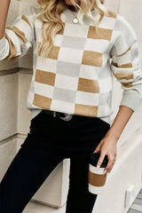 Khaki Checkered Crew Neck Drop Shoulder Knit Sweater - Femstylo