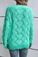 Mint Green Hollow Out Knit V Neck Drop Shoulder Sweater - Femstylo
