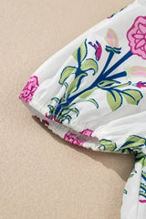 Blue Floral Ruffle Hem Pop of Color Neckline Dress - Femstylo