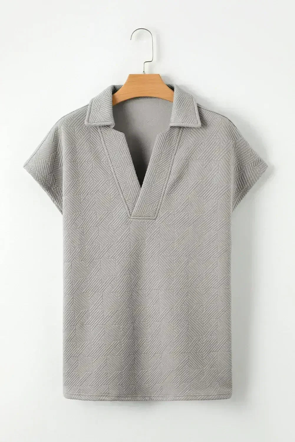 White Textured V Neck Collared Split Hem T Shirt - Femstylo