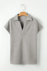 White Textured V Neck Collared Split Hem T Shirt - Femstylo