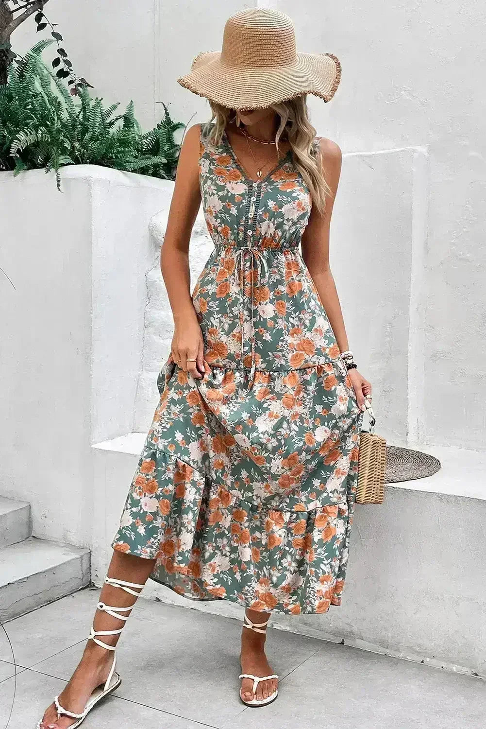Green Floral Print Trimmed V Neck Sleeveless Vacation Dress - Femstylo