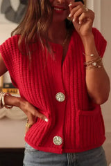 Fiery Red Solid Textured Knit Side Pockets Buttoned Sweater Vest - Femstylo