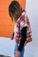 Rose Sherpa Plaid Jacket Vest | Polyester Collared Vest - Femstylo
