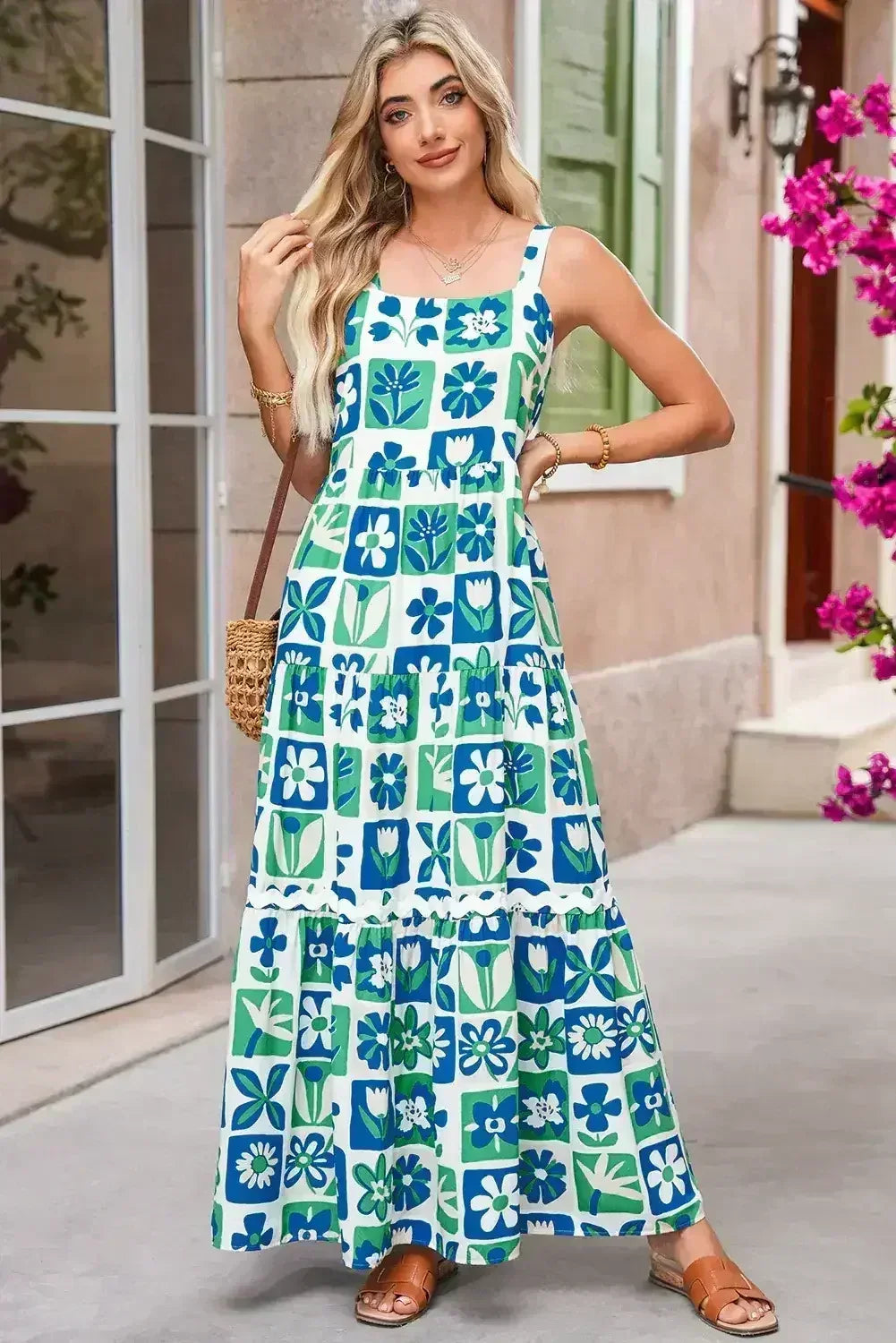 Multicolour Boho Floral Checkered Maxi Dress - Femstylo