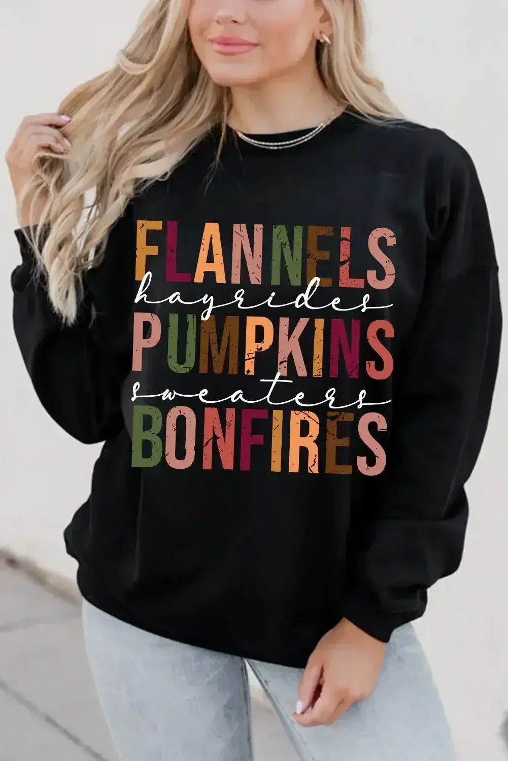 Black FLANNELS PUMPKINS BONFIRES Graphic Sweatshirt - Femstylo