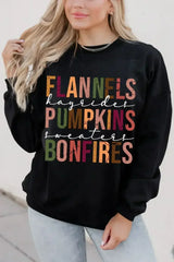Black FLANNELS PUMPKINS BONFIRES Graphic Sweatshirt - Femstylo