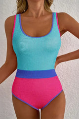 Rose Red Textured Colorblock One Piece Swimsuit - Femstylo