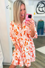 Orange Abstract Print Split Neck Long Sleeve Dress