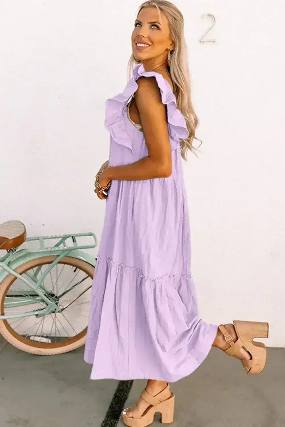 Purple Ruffled Flutter Sleeve Square Neck Textured Tiered Maxi Dress - Femstylo