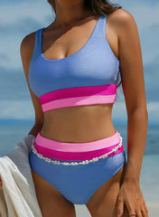 Light Blue Colorblock High Waisted Bikini Swimsuit - Femstylo