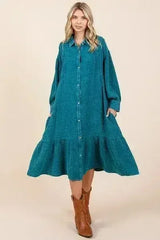 Mittoshop Mineral Wash Cotton Gauze Ruffle Midi Shirt Dress - Femstylo