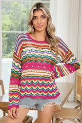 Rose Red Colorblock Striped Hollowed Knit Loose Sweater - Femstylo