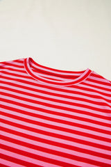 Black Stripe Ribbed Cap Sleeve Round Neck T Shirt