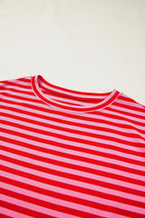 Black Stripe Ribbed Cap Sleeve Round Neck T Shirt