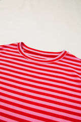 Black Stripe Ribbed Cap Sleeve Round Neck T Shirt