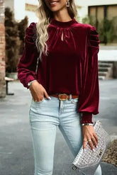 Fiery Red Velvet Blouse - Mock Neck & Puff Sleeves | Femstylo - Femstylo