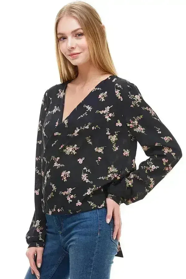 Long Sleeve Surplice Floral Top - Femstylo