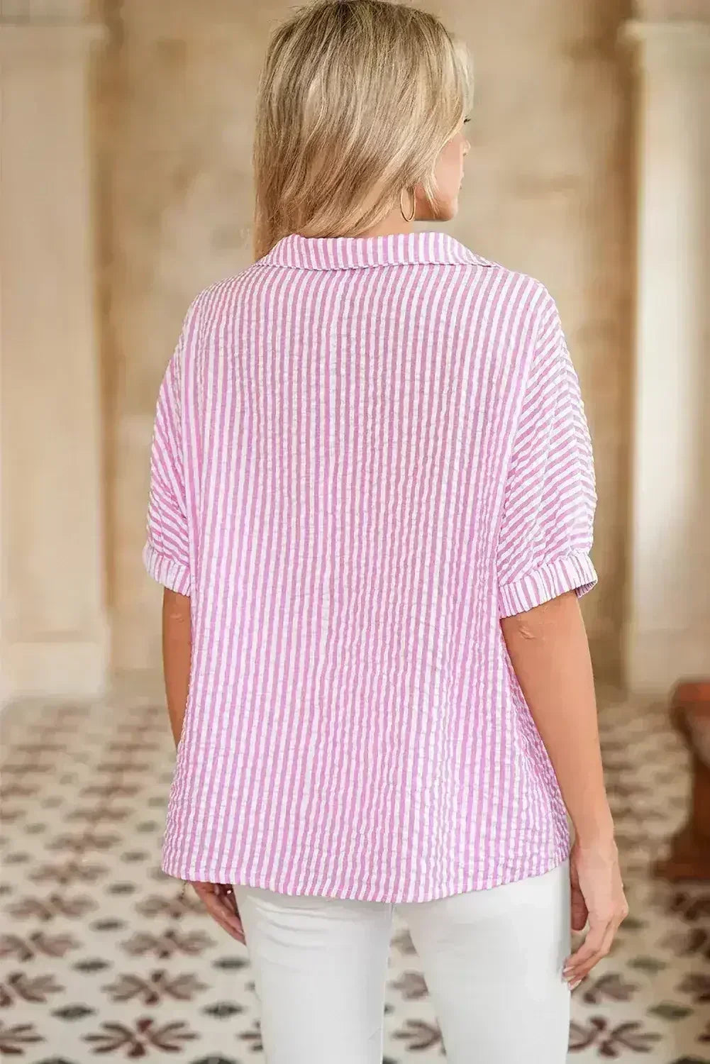 Sachet Pink Striped Dolman Sleeve Color Neckline Blouse | Femstylo - Femstylo